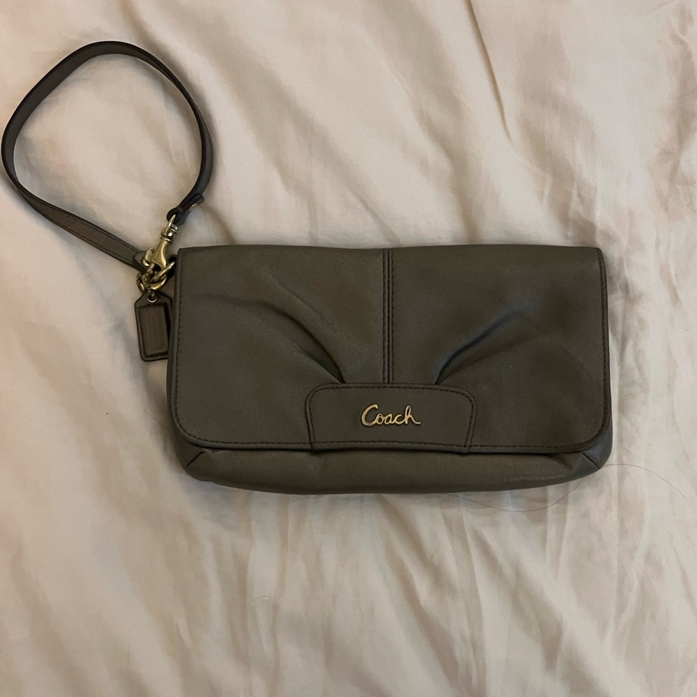 Coach metallic tan wristlet clutch